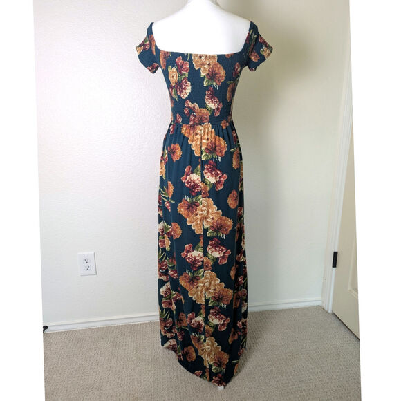 Xhileration Smocked Off The Shoulder Floral Green Maxi Dress Women S Bloomcore - Picture 2 of 12